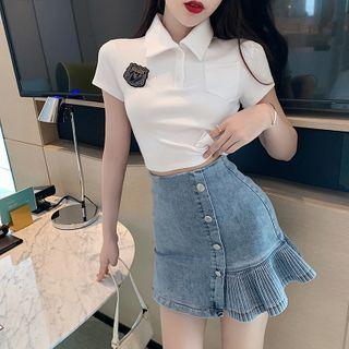 Short-sleeve Cropped Polo Shirt / Pleated Hem Denim Mini Pencil Skirt