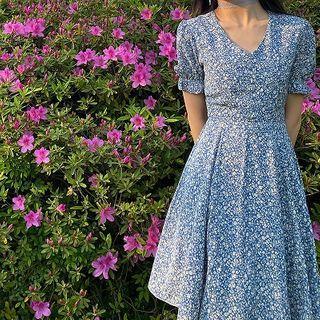 Floral Short-sleeve Mini A-line Dress Blue - One Size