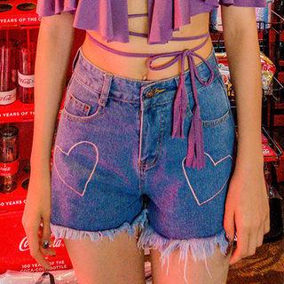 Fringe-hem Heart-embroidered Denim Shorts