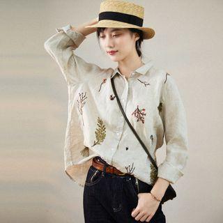 Long-sleeve Embroidered Shirt Embroidery - Flaxen - One Size