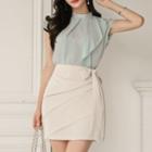 Set: Chiffon Cap-sleeve Blouse + Shirred Mini Straight-fit Skirt