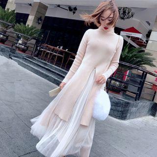 Set: Mock-turtleneck Rib Knit Top + Maxi A-line Mesh Skirt