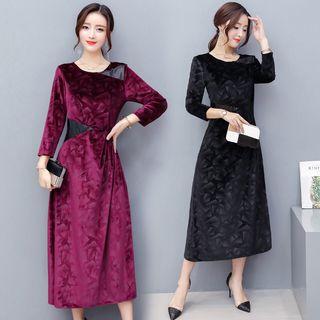 Faux Leather Panel 3/4 Sleeve Midi Velvet Dress