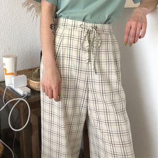 Plaid Drawstring Cropped Wide-leg Pants