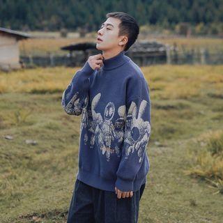 Mock-neck Astronaut Print Sweater