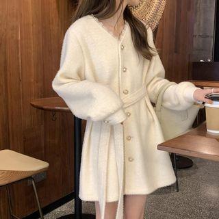 Long-sleeve Lace Trim Mini Knit Dress
