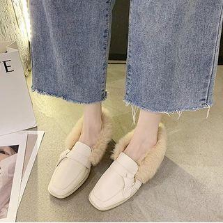 Faux Leather Furry Trim Block-heel Loafers