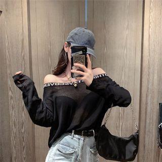 Long-sleeve Off-shoulder Lettering Knit Top
