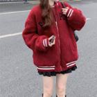 Long-sleeve Embroidered Fleece Bomber Jacket Red - One Size