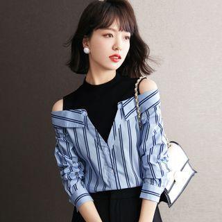 Mock Two-piece Long-sleeve Off-shoulder Striped Shirt
