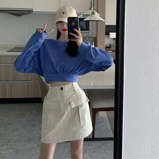 Plain Cropped Pullover / Cargo-pocket Mini A-line Skirt