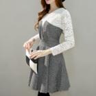 Mock Two-piece Houndstooth Lace Panel Long-sleeve Dress