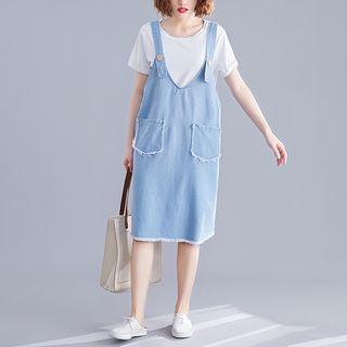 Denim Trim V-neck Jumper Skirt