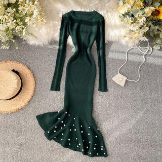 Long-sleeve Embellished Knit Sheath Dress