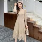 Long-sleeve Lace Trim A-line Knit Dress