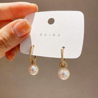 Faux Pearl Rhinestone Dangle Earring 1 Pair - Detachable - Off-white & Gold - One Size