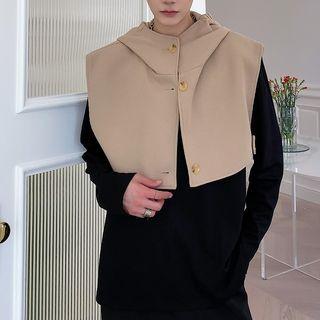 Plain Single Breasted Hooded Crop Vest Khaki - One Size