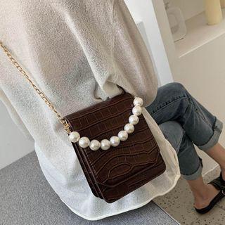 Bead Handle Crocodile Grain Faux Leather Crossbody Bag