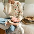 Flower Embroidery Bobble Cardigan Cream - One Size