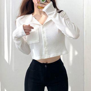 Long-sleeve Button-up Ribbed Crop Top
