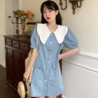 Puff-sleeve Peter Pan-collar Denim Mini Shirtdress