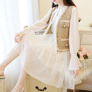 Set: Contrast Trim Buttoned Vest + Tie-neck Chiffon Dress