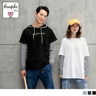 Letter Embroidered Striped Panel Mock Two Piece Hoodie