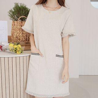 Fringed Piped-pocket Linen Dress