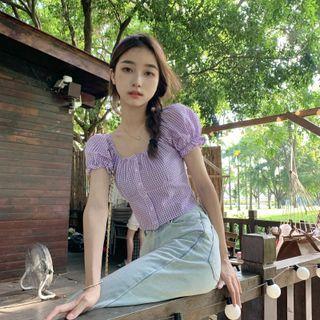 Puff-sleeve Check Frill Trim Cropped Blouse