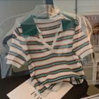Short-sleeve Striped Knit Polo Shirt Stripe - Green & White - One Size