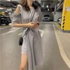 Plain Asymmetric Off-shoulder Short-sleeve Dress Gray - One Size