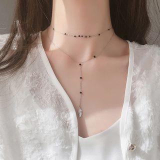 925 Sterling Silver Feather Pendant Layered Choker Necklace