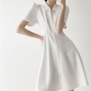 Short-sleeve Collar Zip-up Mini A-line Dress