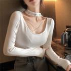 Halter Chain Accent Long-sleeve Plain Top