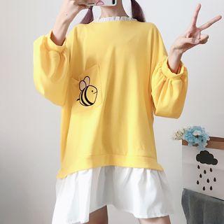 Mock Two-piece Bee Embroidered Mini Pullover Dress Yellow - One Size