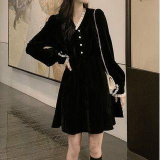 Long-sleeve Lace Trim Button-up Midi Dress