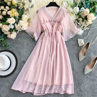 Color Panel Trim Embroidered Chiffon Dress