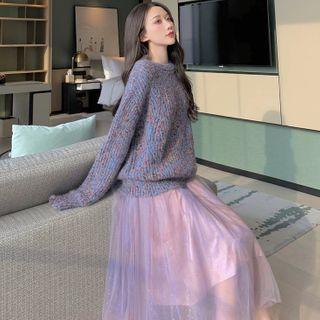 Set: Round Neck Sweater + Mesh Midi A-line Skirt