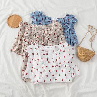 Strawberry Print Ruffle Plaid Chiffon Top