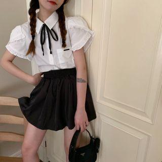 Puff-sleeve Irregular Frill Trim Shirt White - One Size