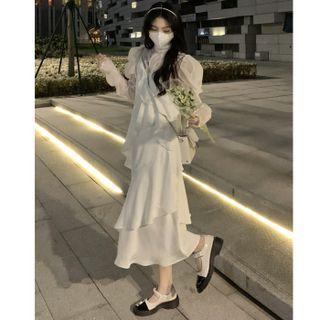 Spaghetti-strap Asymmetrical Midi A-line Dress / Turtleneck Blouse