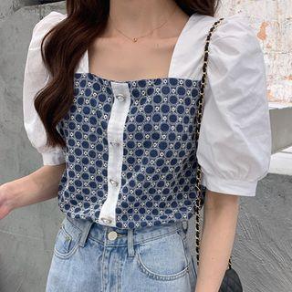 Puff-sleeve Embroidered Denim Blouse
