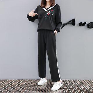 Set: V-neck Sweatshirt + Wide-leg Pants