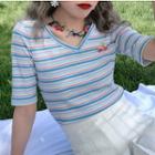 Striped V-neck Short-sleeve Knit Top Tshirt - One Size