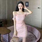 Cold-shoulder Shirred A-line Mesh Dress
