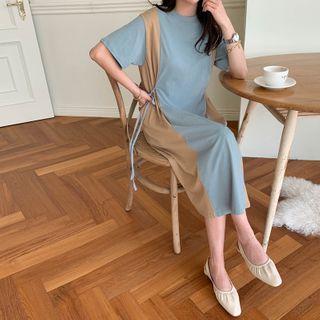 Color-block Long T-shirt Dress Sky Blue - One Size