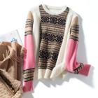 V-neck Print Sweater Pink Sleeve - Brown & Beige - One Size