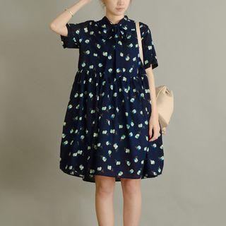 Bow Accent Printed Short-sleeve Dress