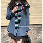 Long-sleeve Denim Shirt / Striped Shawl / Houndstooth Mini A-line Skirt