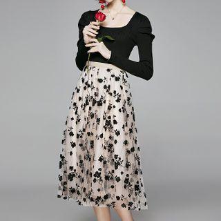 Set: Long-sleeve Knit Top + Floral Midi A-line Mesh Skirt As Shown In Figure - One Size